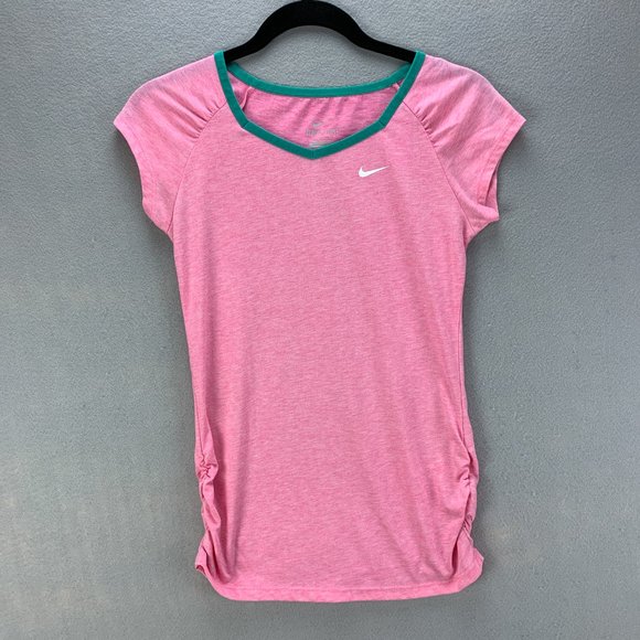 Nike Tops - Nike Womens T Shirt Medium Dri Fit Pink Heather Swoosh Logo V Neck Cap Sleeve
